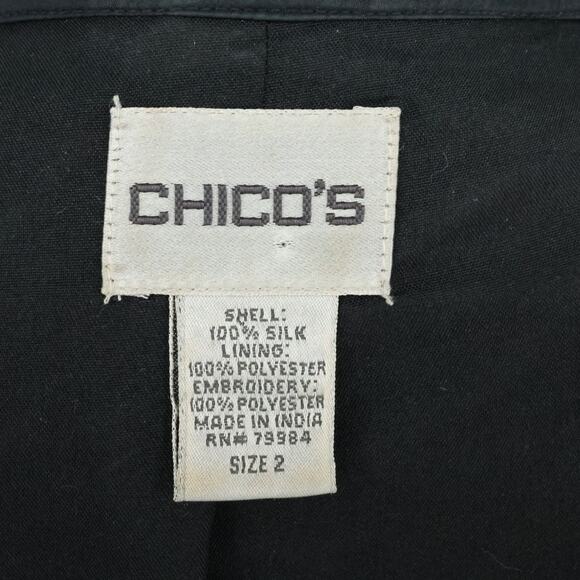 Chicos Jacket 2 Womens Large 12 Black White Silk Embroidered Open Front Mandarin - Picture 3 of 13